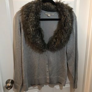 Grey faux fur trim cardigan